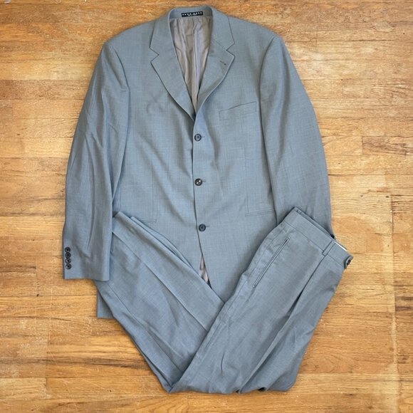 Vintage Mens Gray Suit Set Size 44L 38x32 Pants 90s Hugo Boss Wool Blazer Pants - Picture 1 of 8
